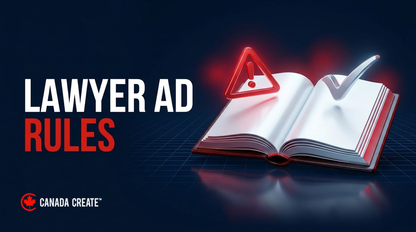 Lawyer ad rules: an open rulebook with a red warning triangle over one page and a silver checkmark over the other