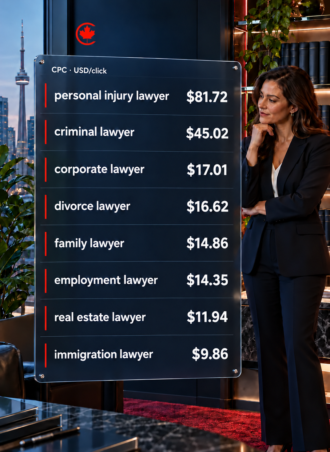 Glass panel comparing USD cost-per-click estimates for personal injury, criminal, corporate, divorce, family, employment, real estate and immigration lawyer searches.