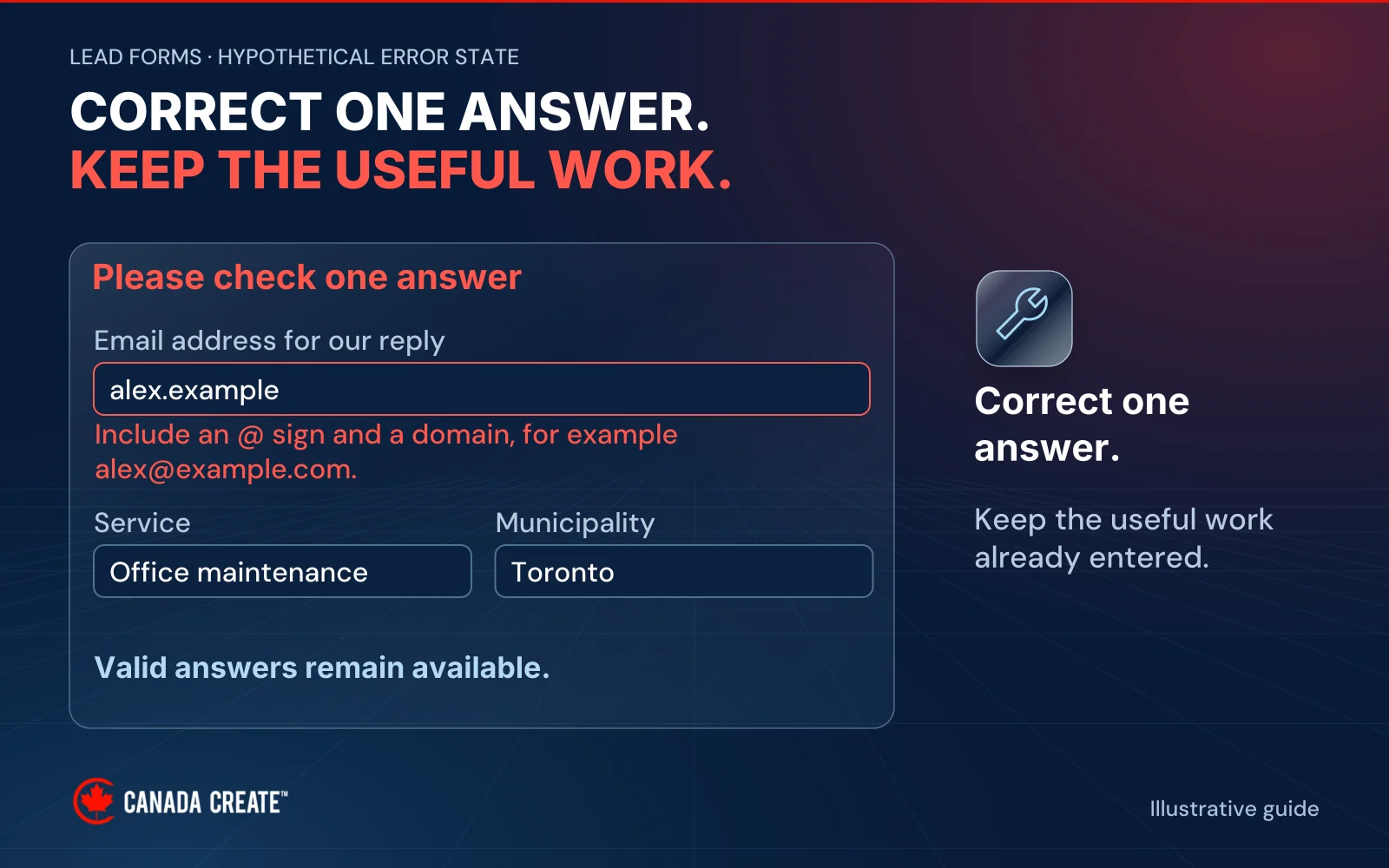 Email error asks for an @ sign and domain while the selected service and municipality stay filled in.