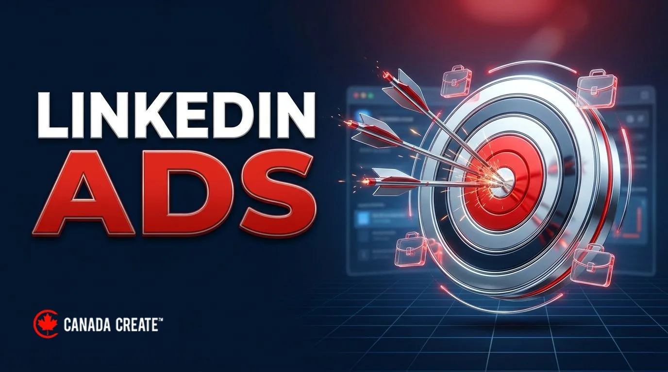 LinkedIn ads: a chrome archery target with a red bullseye, arrows at dead centre and briefcase icons floating around it