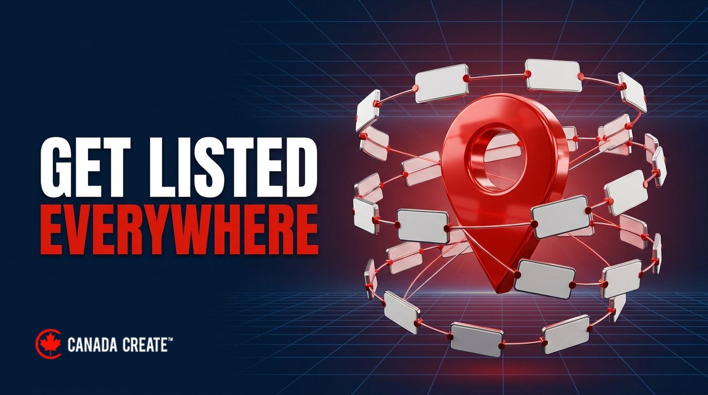 Get listed everywhere: a red map pin with directory listing cards orbiting around it
