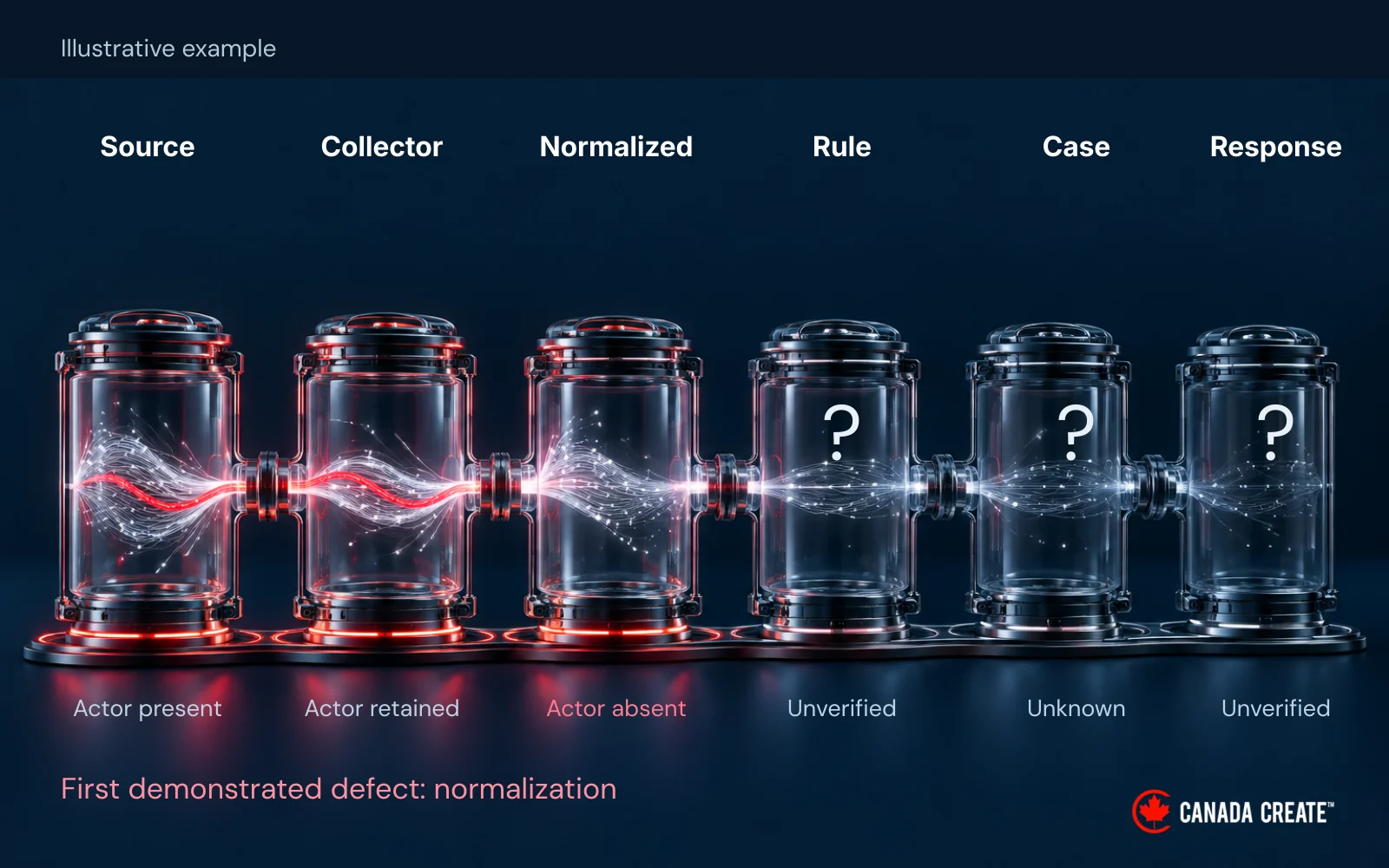 The same event passes through source, collection, normalization, detection, case and response. Its actor is preserved in the first two records and absent from the normalized record; later outcomes remain unknown.
