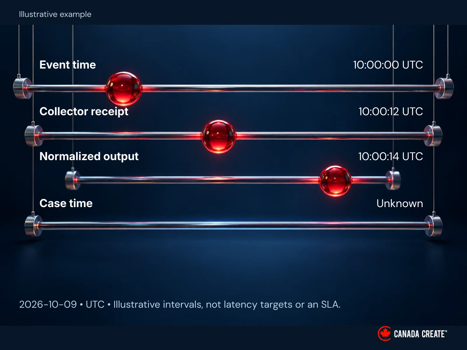 The source event occurs at 10:00:00 UTC, collection records acceptance at 10:00:12 and normalization records output at 10:00:14. No case timestamp has been established, so no source-to-case duration can be calculated.