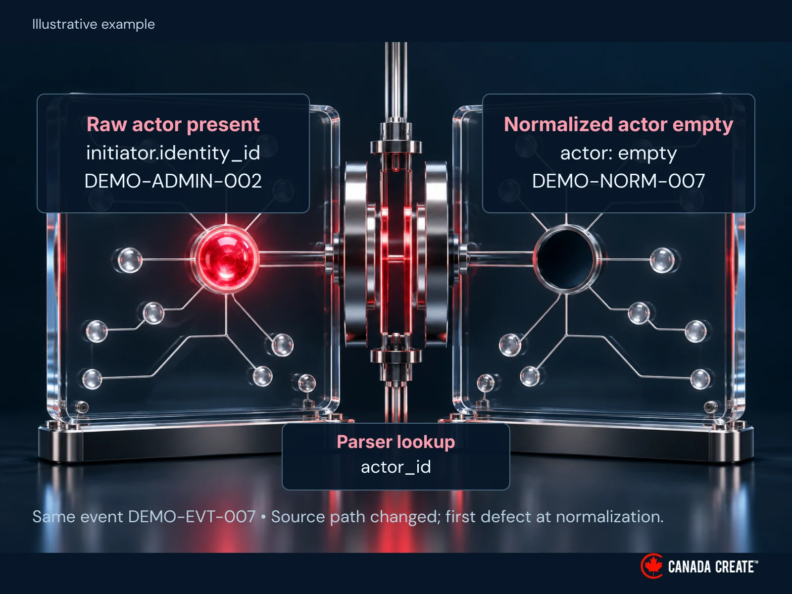 The collected record contains DEMO-ADMIN-002 under initiator.identity_id, while the normalized actor is empty. The older parser reads actor_id, locating the first demonstrated loss at this transformation.