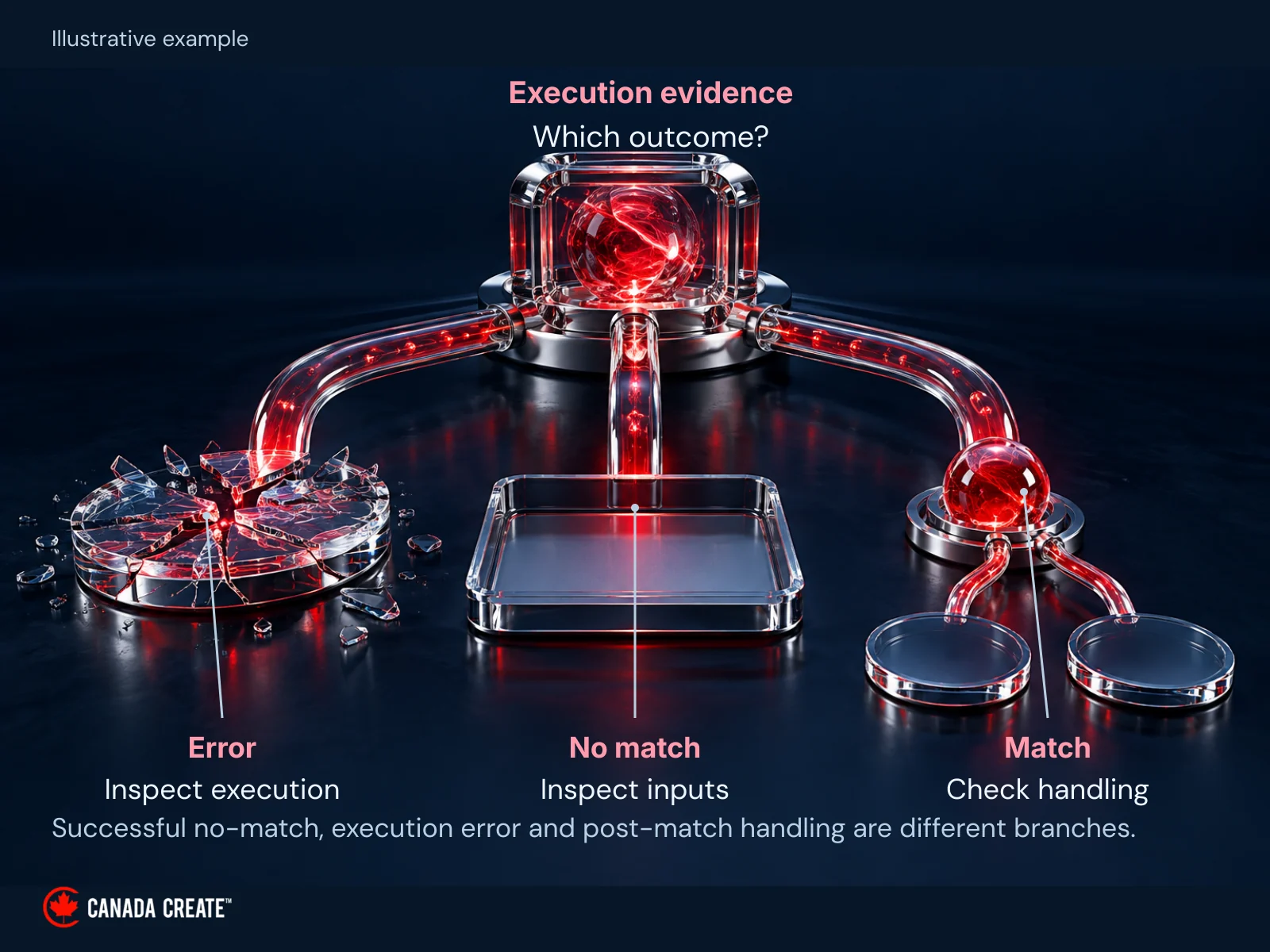 Execution evidence can show an error, a successful run with no qualifying match, or a match requiring further handling review. Each outcome points to a different next record rather than a common diagnosis.