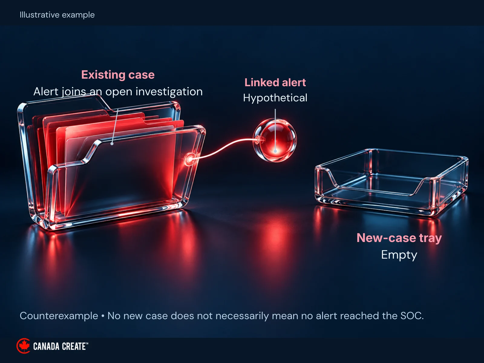 In this alternative scenario, an alert joins an existing investigation while the new-case queue stays empty. Discovering that relationship would shift the investigation toward the existing case’s handling.