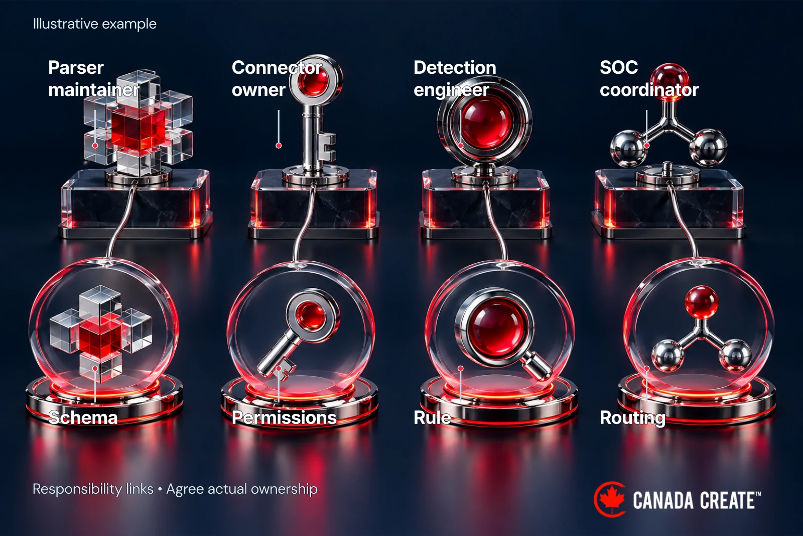 Schema, permission, rule and routing changes reach the parser maintainer, connector owner, detection engineer and SOC coordinator respectively. These are responsibility relationships, which an organization can assign across its actual team.