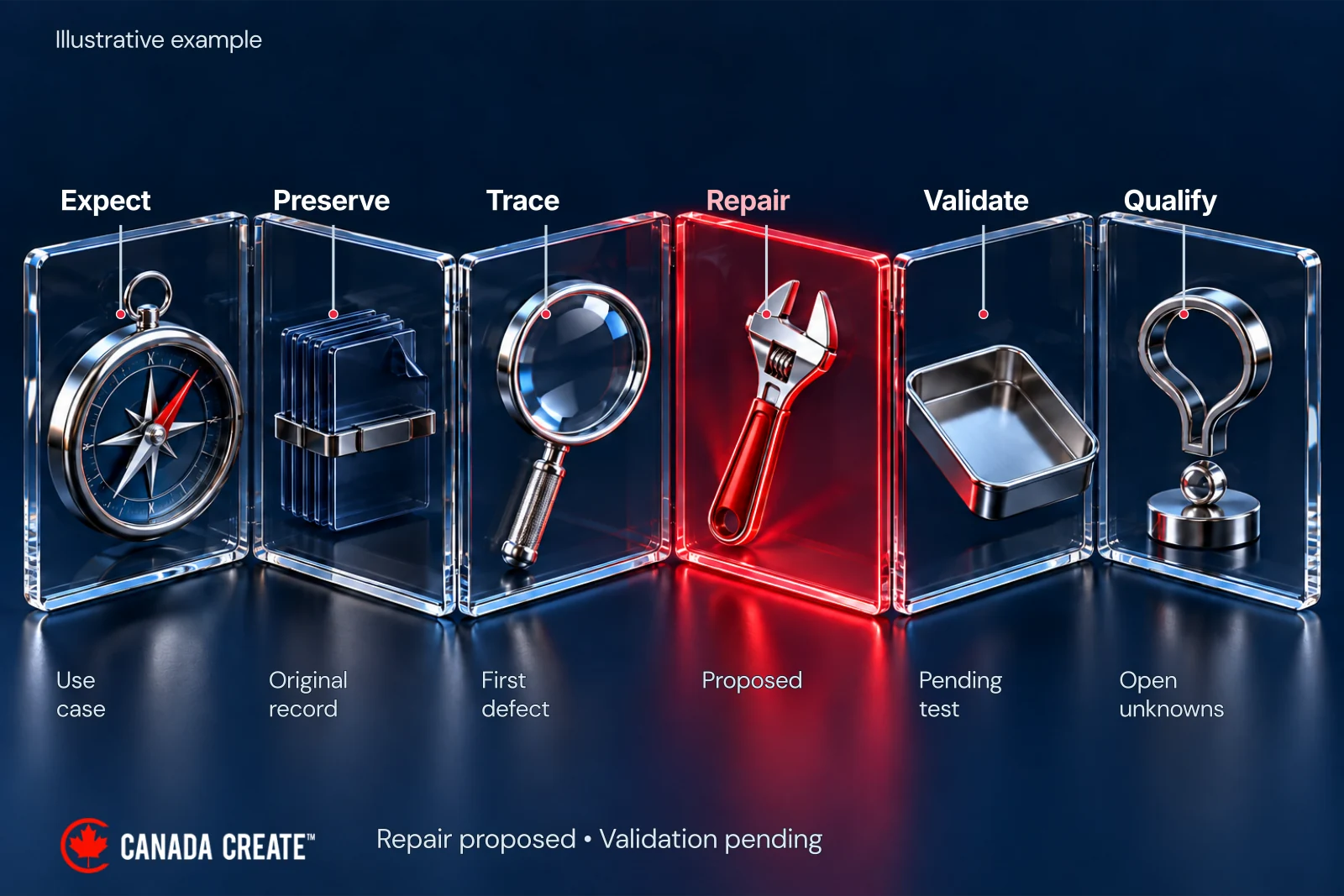 The investigation establishes the expectation, preserves the event, finds the first supported defect, assigns a repair and validates the relevant path. Any unresolved historical or downstream question remains visible at closeout.