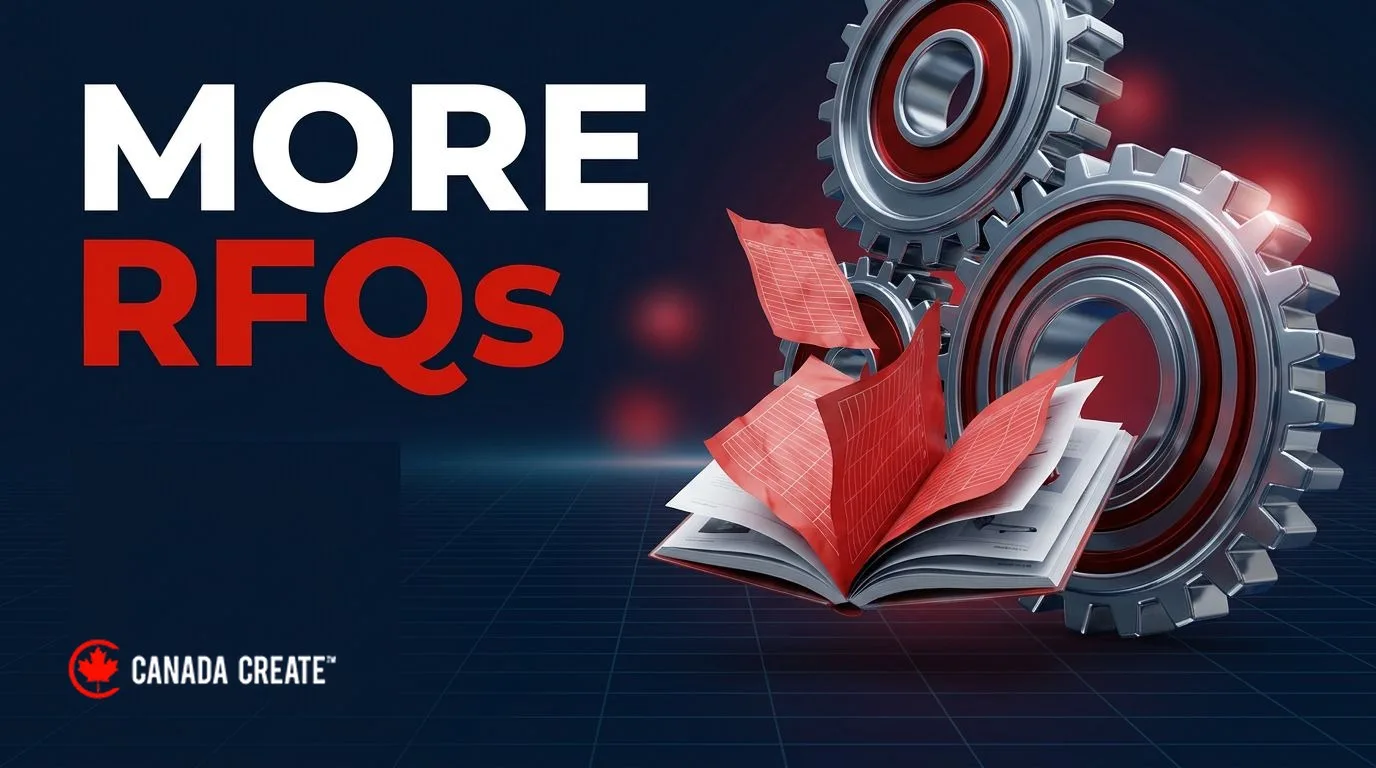 More RFQs: chrome industrial gears behind an open catalogue with red order sheets flying out of its pages