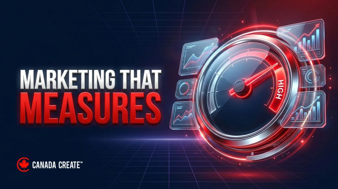 Marketing that measures: a performance gauge with a red needle and chart panels