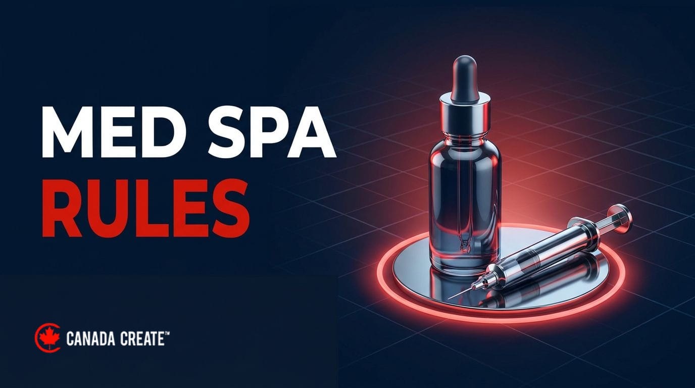 Med spa rules: a glass serum vial and chrome skincare syringe on a mirrored plinth with a red caution glow