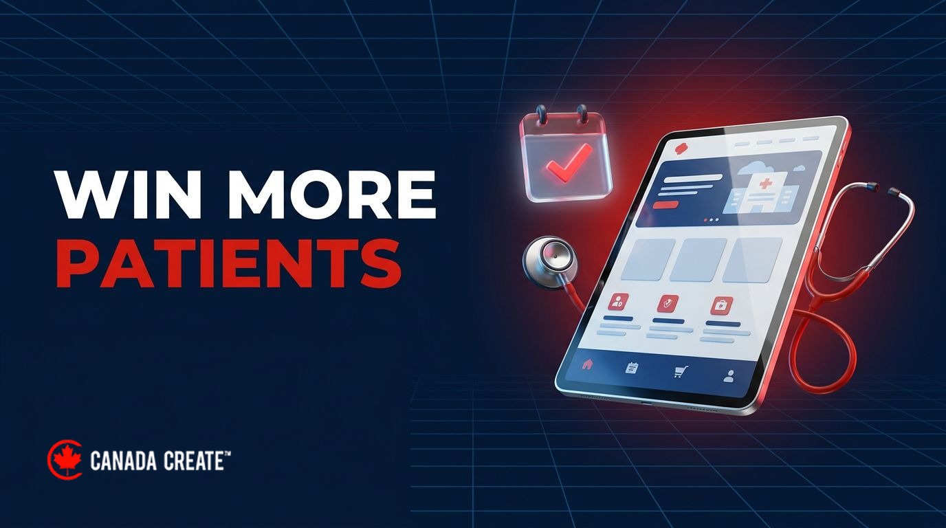 Win more patients: a tablet with a clinic website, a stethoscope and a calendar check icon