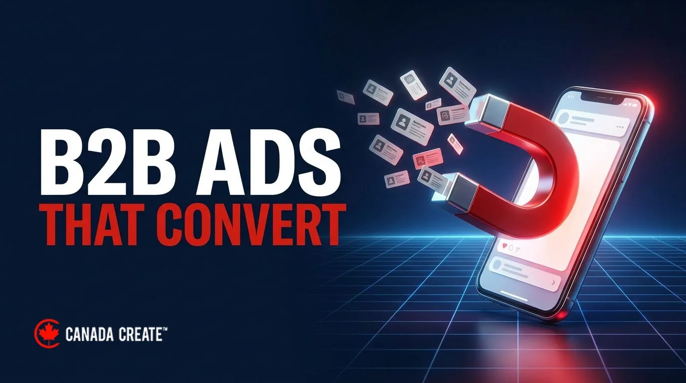 B2B ads that convert: a red magnet pulling contact cards out of a smartphone ad