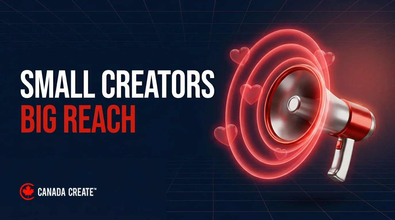 Small creators big reach: a small megaphone sending out large red sound rings with hearts