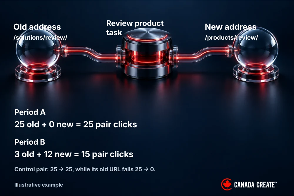An illustrative review URL pair declines from 25 to 15 clicks while its old address alone falls from 25 to 3.