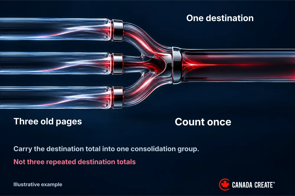 Three old pages merge into one destination whose clicks are counted once.