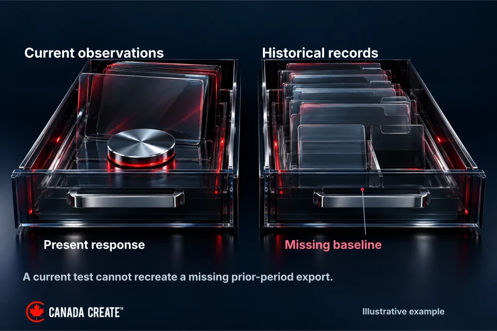 Current evidence and historical records remain separate, with missing baseline data explicitly labelled.