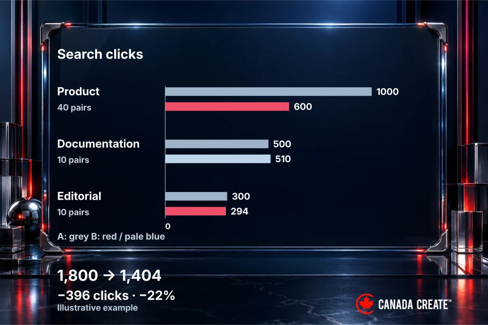 Synthetic product clicks fall 1,000 to 600, documentation rises 500 to 510, and editorial falls 300 to 294.