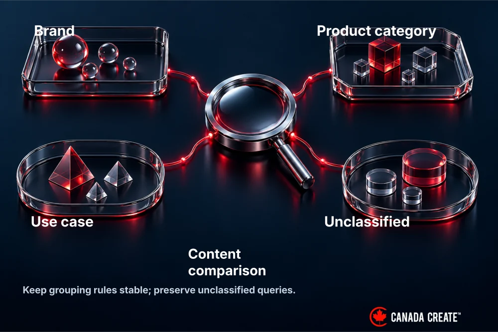 Query groups lead to a focused content comparison while unclassified queries remain visible.