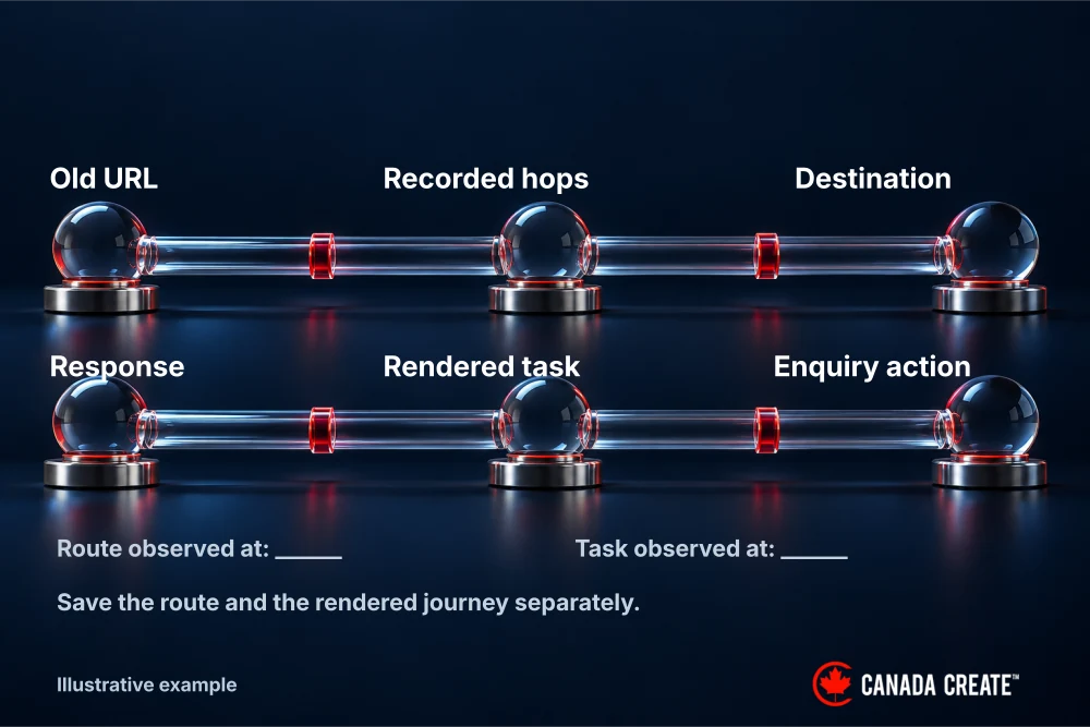 Separate lanes test the redirect route and the destination’s content and action.