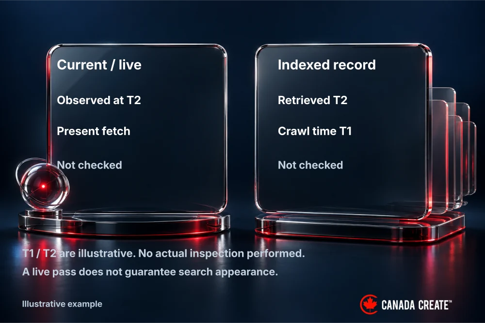 Live and indexed evidence use separate timestamps and may describe different page states.
