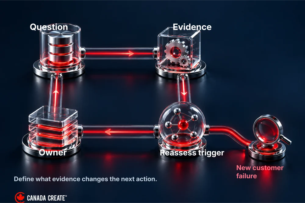 An observation loop links a question and evidence to an owner and a reassessment trigger.
