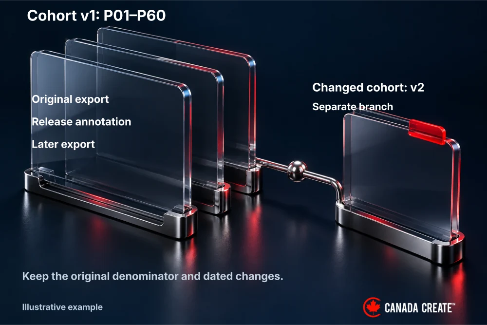 A versioned cohort ledger preserves the original comparison while recording subsequent changes.