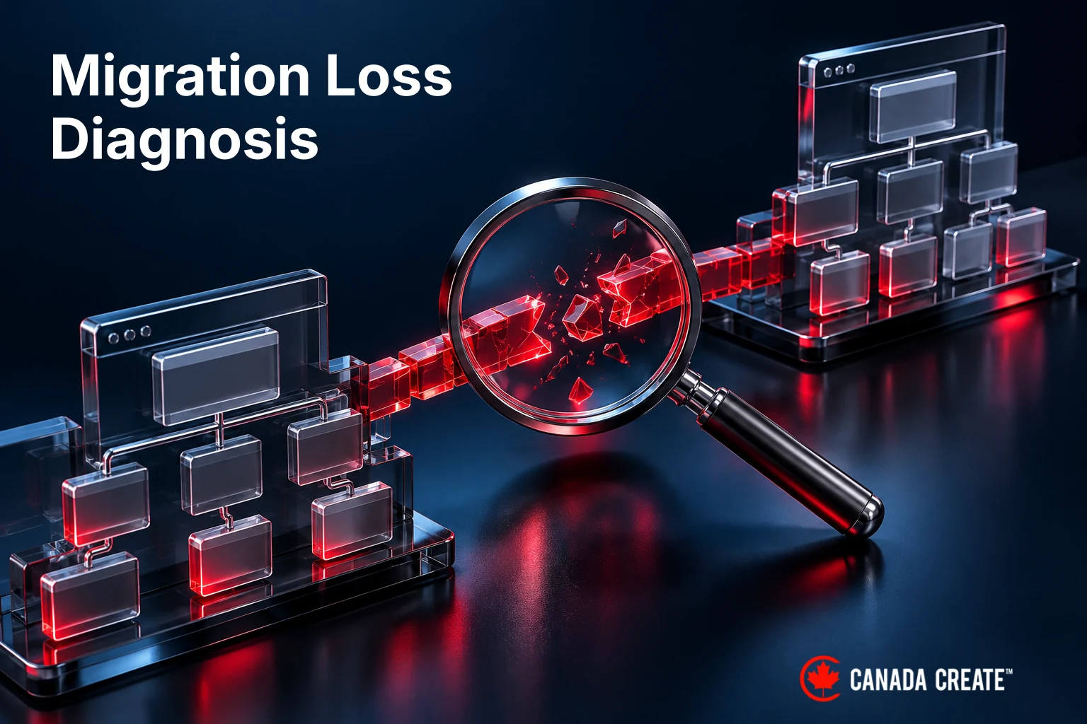 A magnifier examines a broken migration route between two website architectures.