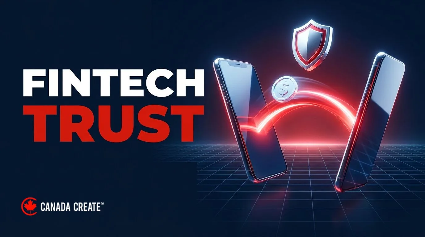 Fintech trust: a silver coin crossing a red bridge of light between two smartphones under a chrome shield