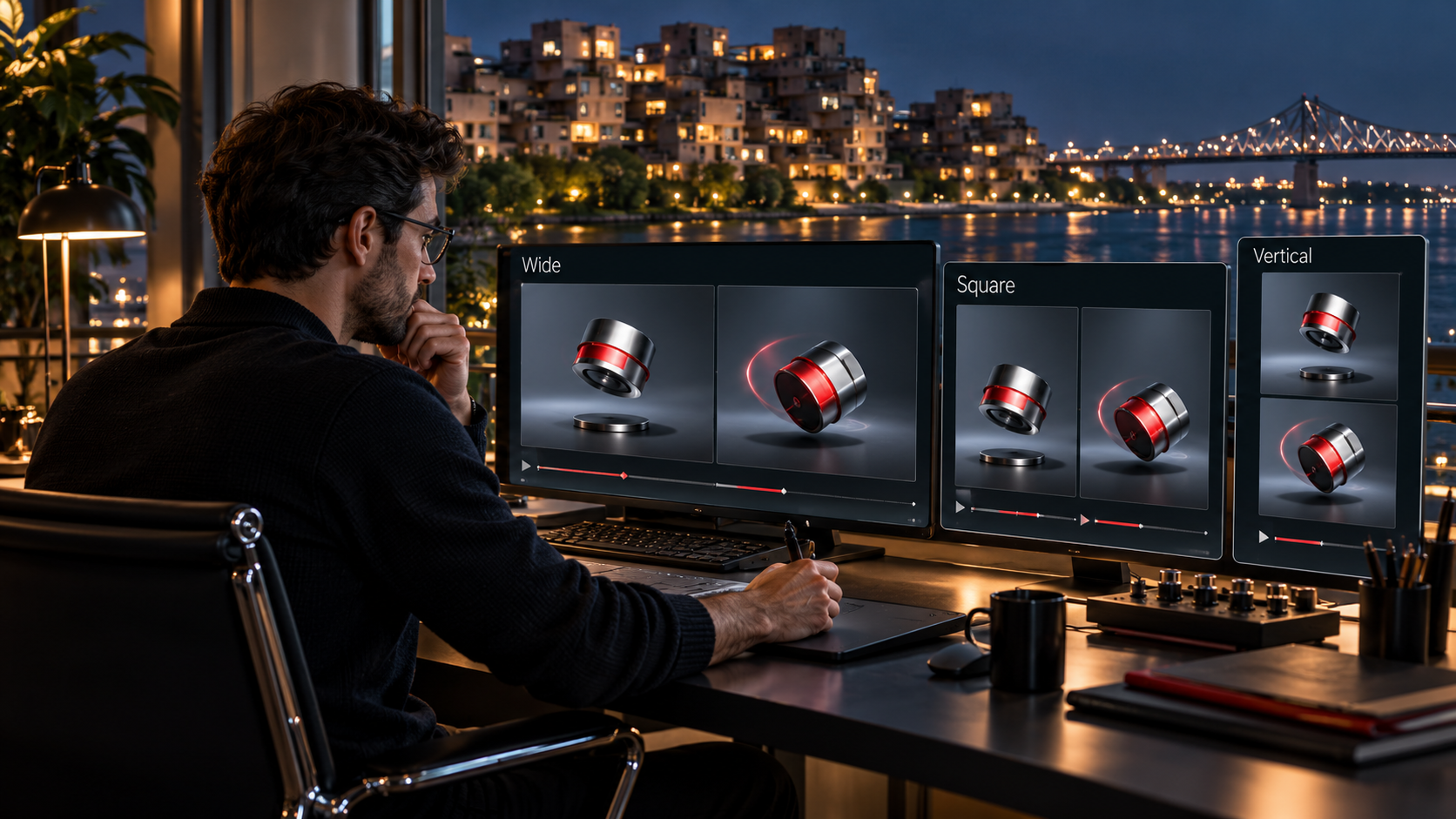 Motion designer reviewing wide, square and vertical versions of the same animated product advertisement.