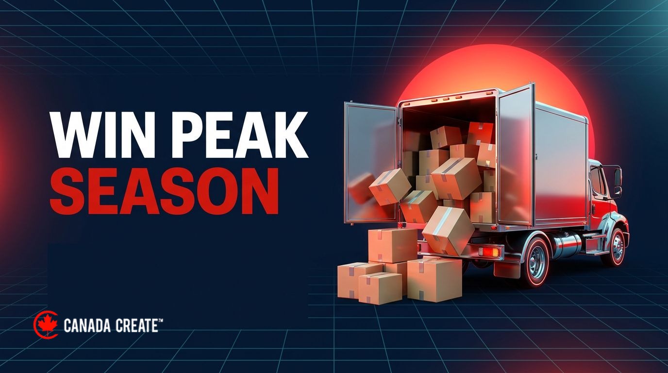 Win peak season: a chrome moving truck with boxes stacked high and tumbling out in front of a red rising sun