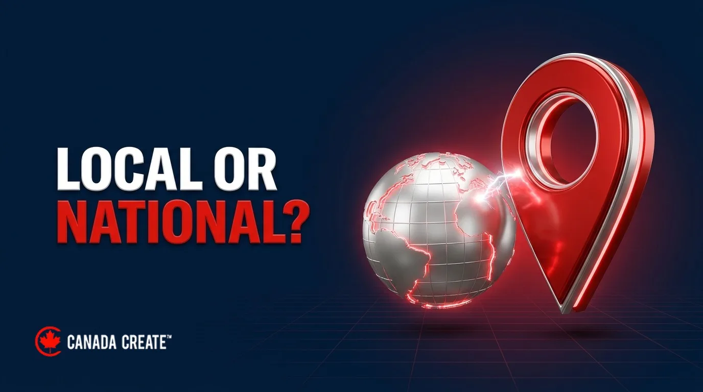 Local or national: a red map pin facing a silver globe