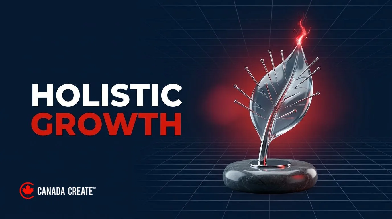 Holistic growth: a glass leaf sculpture with chrome acupuncture needles and a small red spark rising from the tip