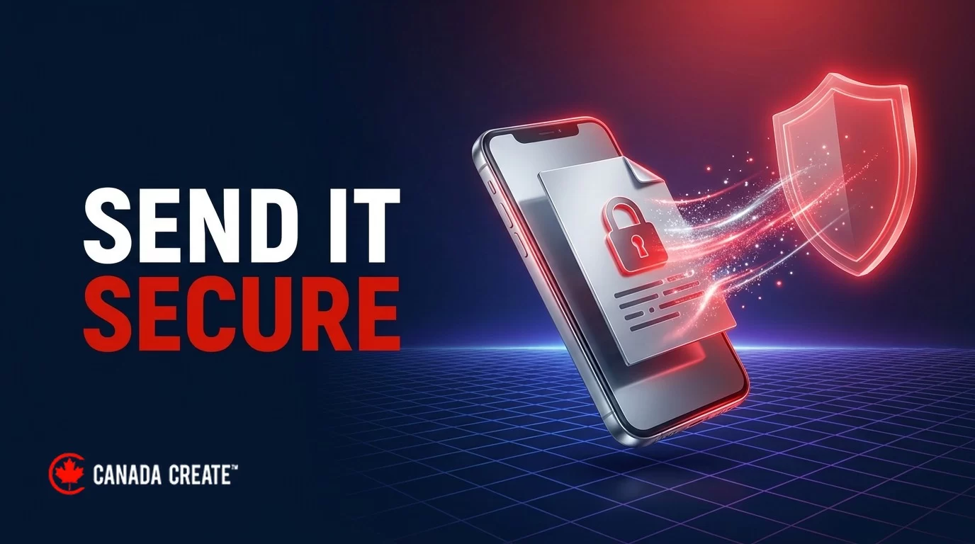Send it secure: a silver page with a red padlock flying from a smartphone toward a glowing red shield