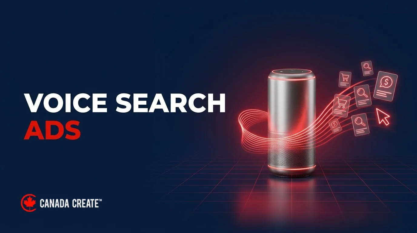 Voice search ads: a smart speaker sending red sound waves that turn into ad cards
