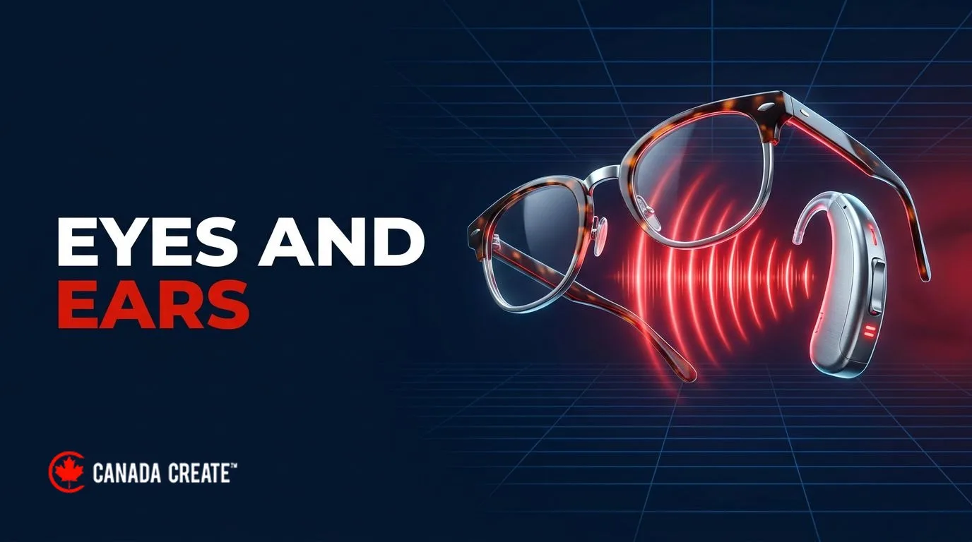 Eyes and ears: designer eyeglasses beside a chrome hearing aid with red sound waves rippling between them