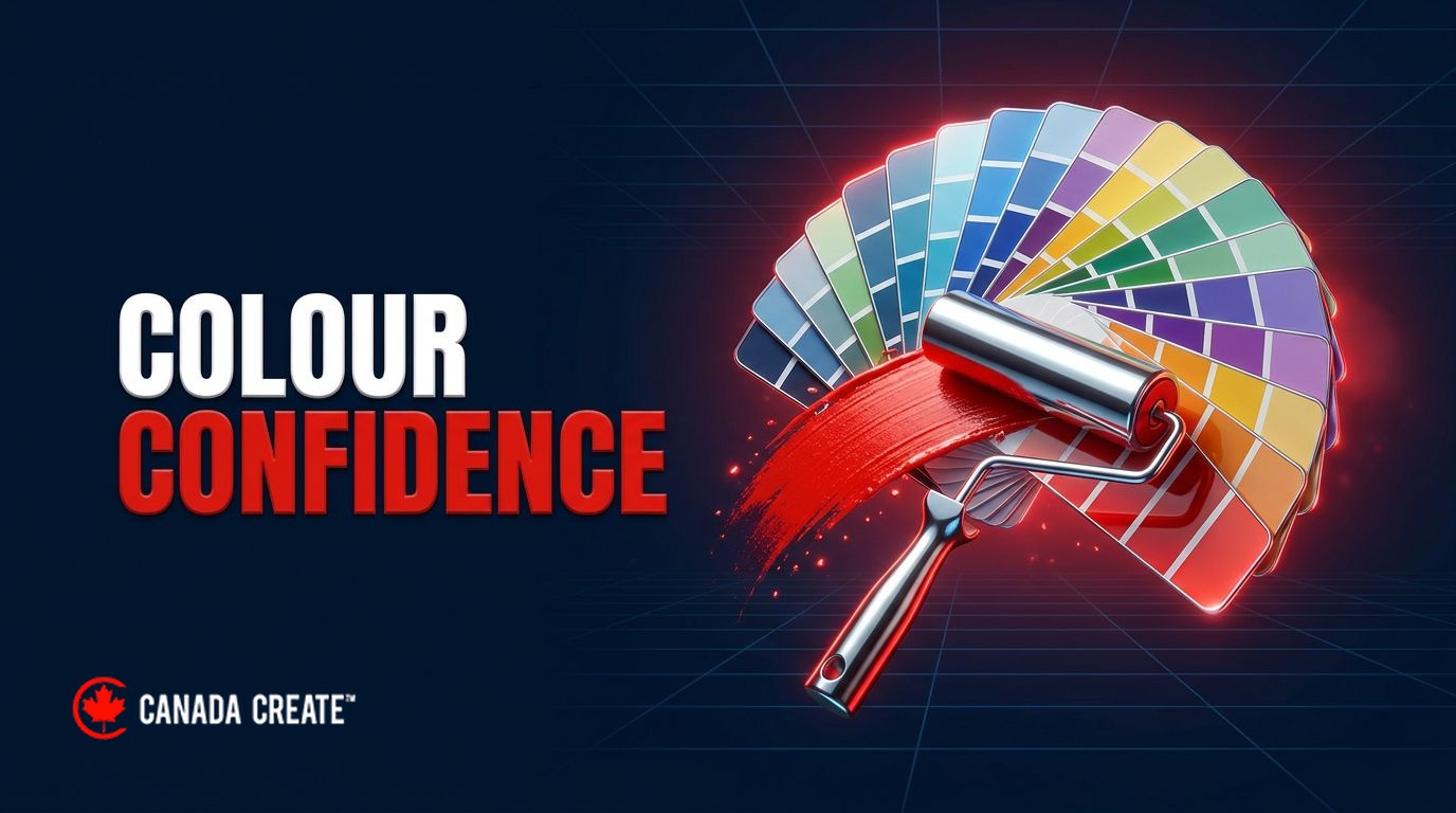 Colour confidence: a fanned deck of paint swatches with a chrome roller painting a bold red stroke