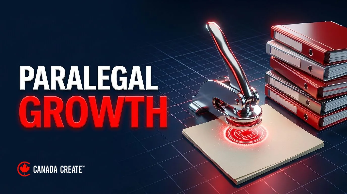 Paralegal growth: a chrome notary embosser pressing a red seal onto a document beside a rising stack of folders