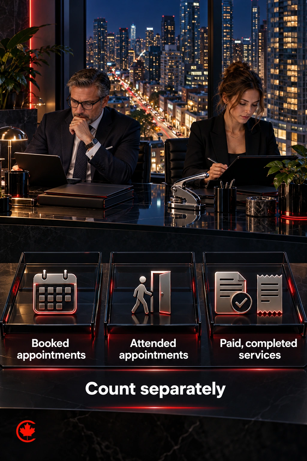 Three separate measures for a document-appointment practice: booked appointments, attended appointments, and services that were both completed and paid for.