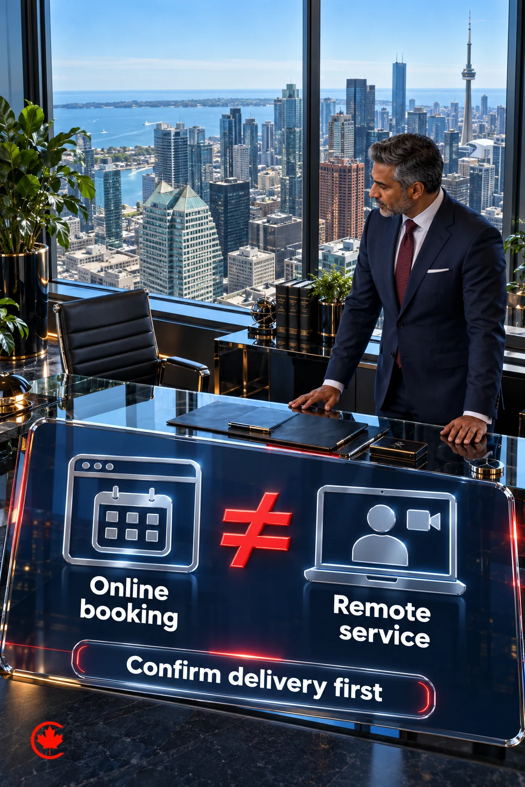 A comparison distinguishes online booking from remote service and prompts the practice to confirm delivery first.