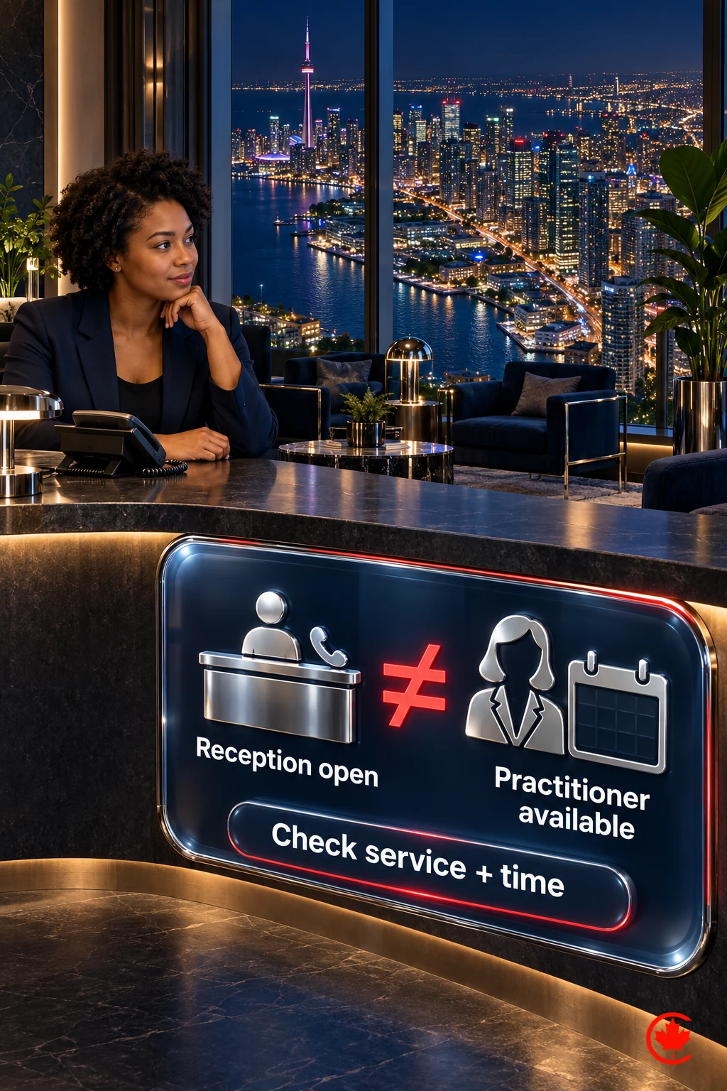 Reception hours and the required practitioner’s appointment availability are separate checks; confirm the service and time before promising a visit.