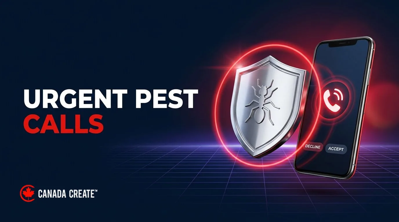Urgent pest calls: a chrome shield with an ant silhouette inside a pulsing red alert ring beside a ringing smartphone