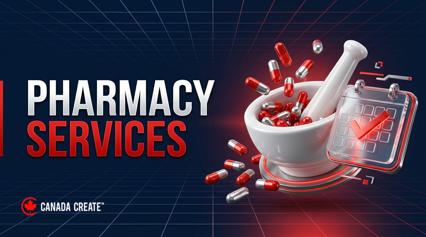 Pharmacy services: a porcelain mortar and pestle with red and silver capsules beside a calendar tile with a red checkmark