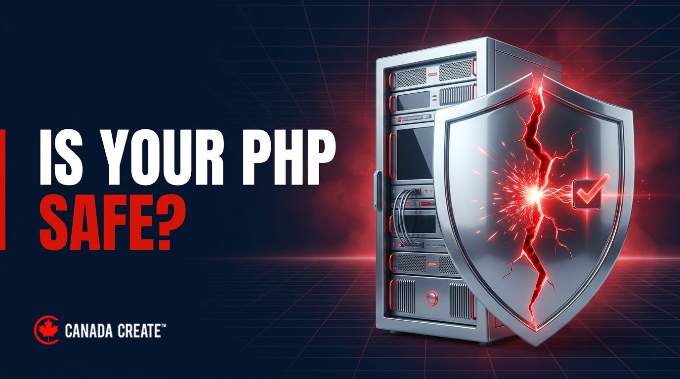 Is your PHP safe: a server rack behind a cracked silver shield with a glowing check mark sealing the crack