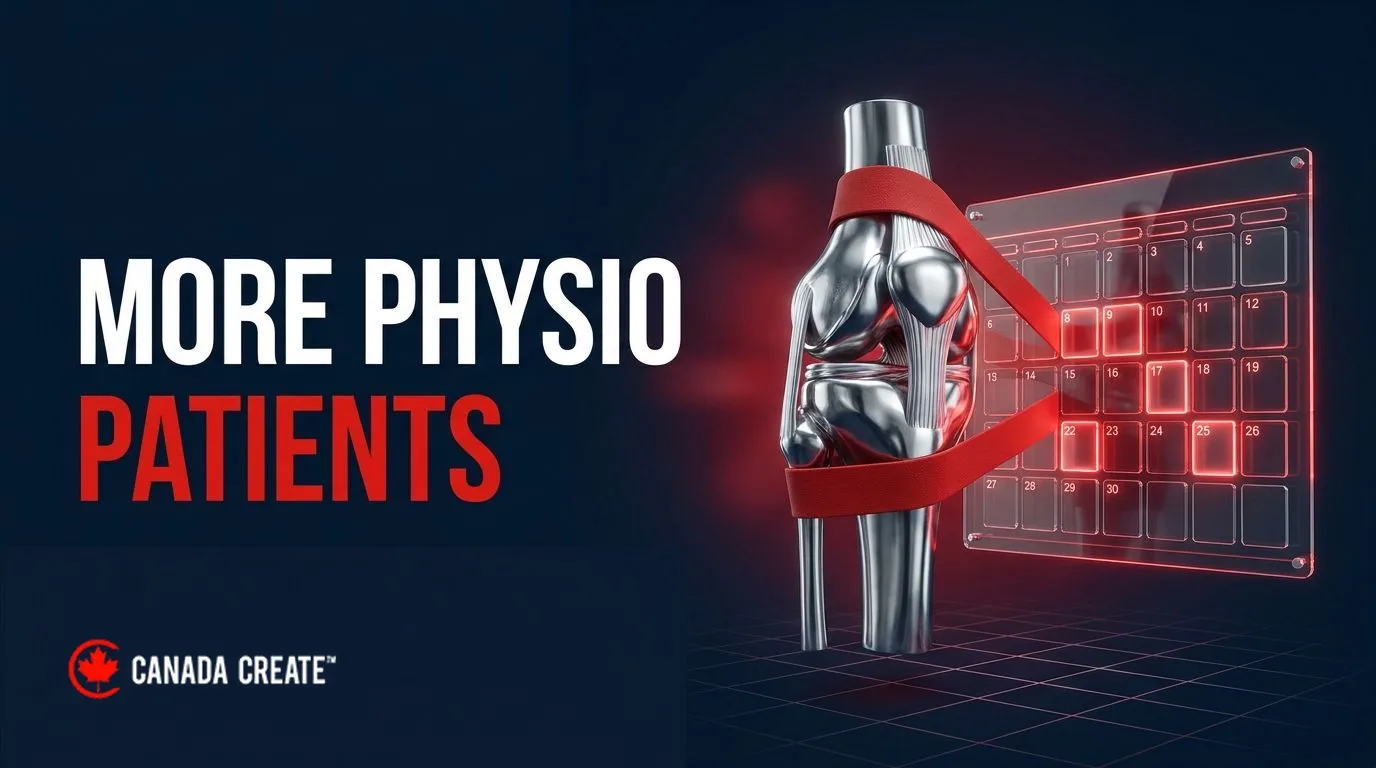 More physio patients: a chrome knee joint model wrapped in a red resistance band beside a calendar lighting up