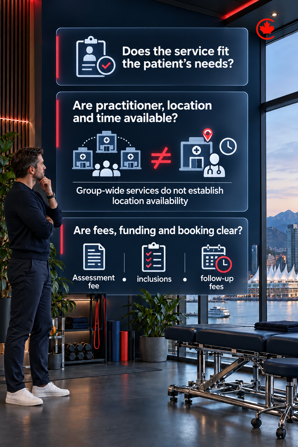 Planning questions for physiotherapy clinic owners: does the service fit the patient’s needs, are the practitioner, location and time available, and are fees, funding and booking clear?