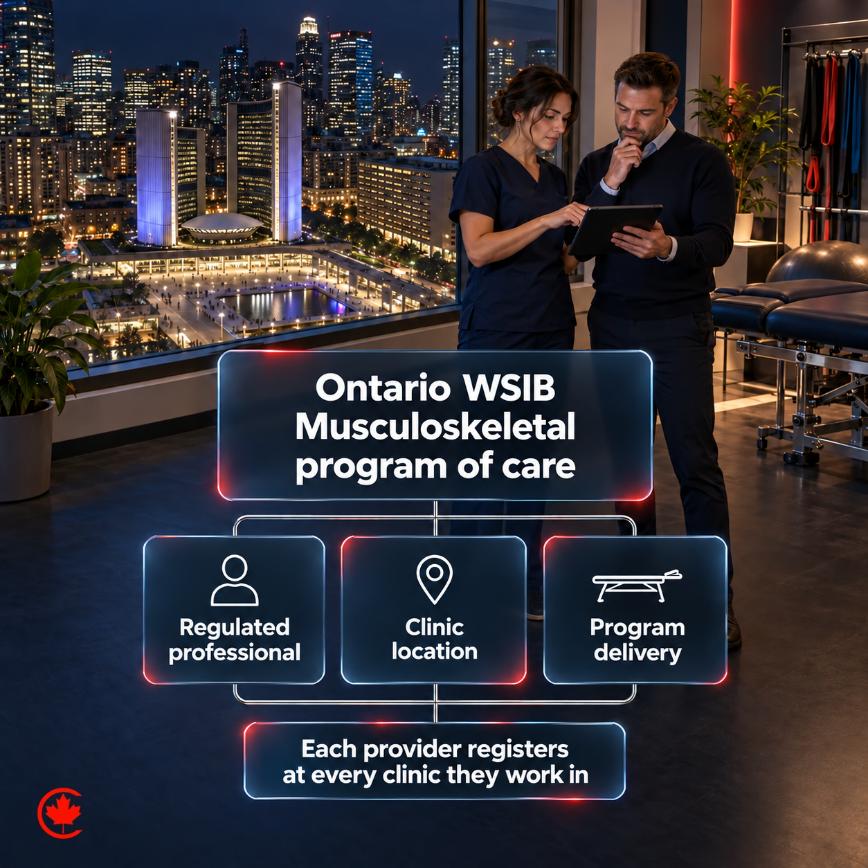 Ontario WSIB musculoskeletal program of care: each regulated professional delivering the program must register at every clinic location where they work.