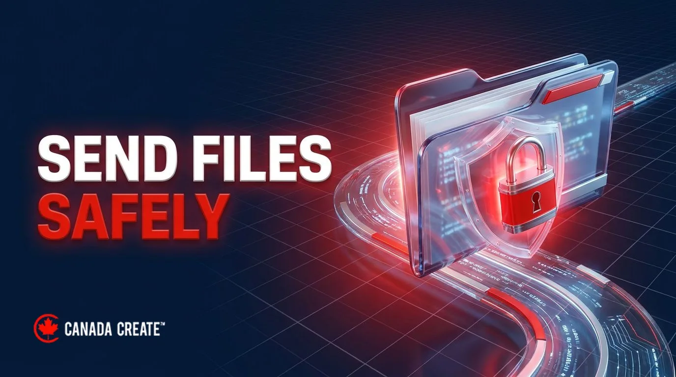 Send files safely: a document folder inside a shield with a red padlock travelling a data path