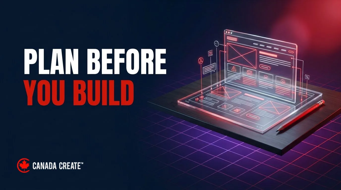 Plan before you build: a website blueprint rising from a drafting table with a red pencil