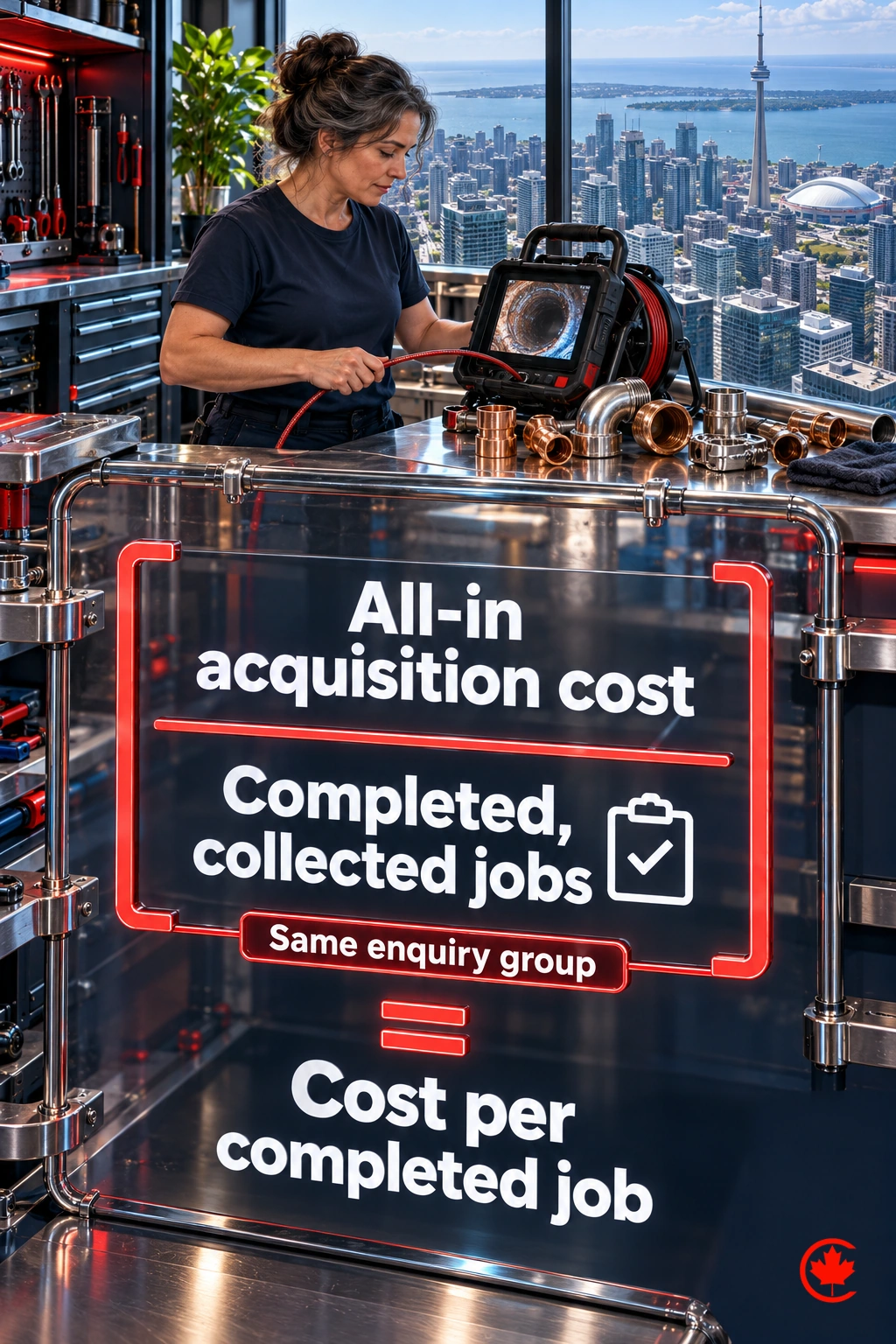 A plumbing owner reviews all-in acquisition cost divided by completed, collected jobs from the same enquiry group to find cost per completed job.